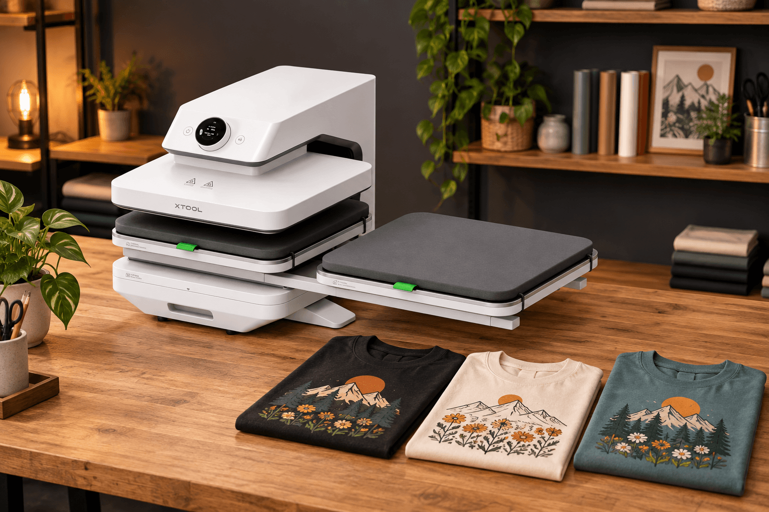 Dual-station heat press with three finished printed shirts in a workshop illustration