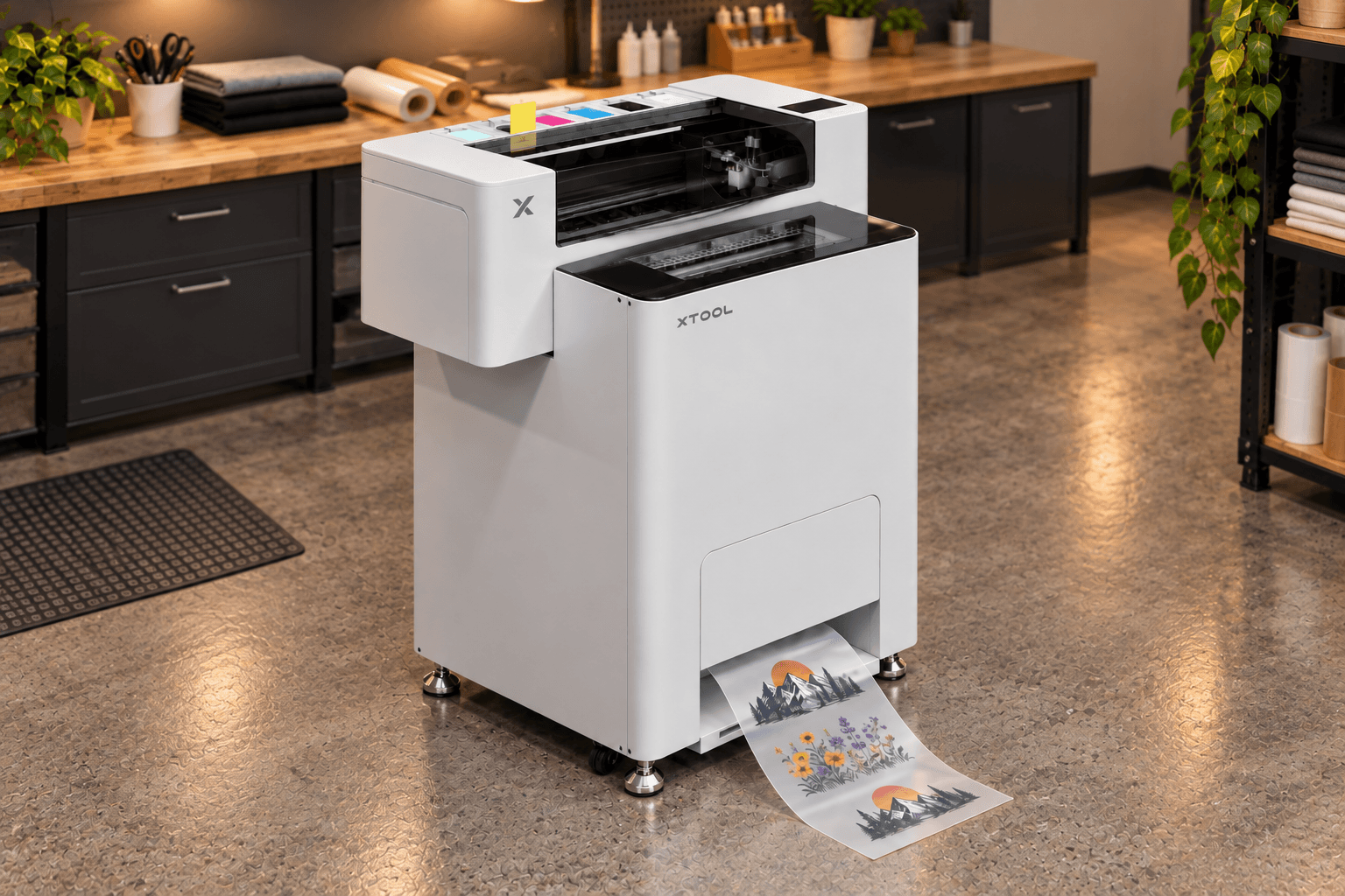 DTF printer with printed film exiting the bottom of its lower cabinet in a workshop illustration