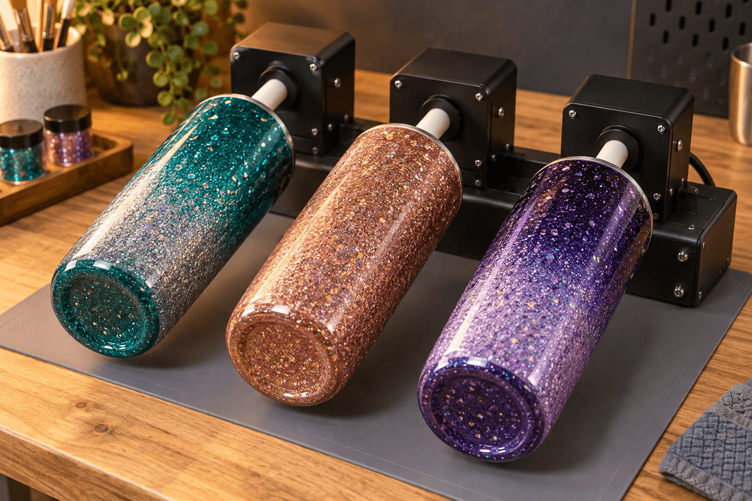 Teal, rose-gold, and purple glitter epoxy tumblers on turners in a workshop illustration